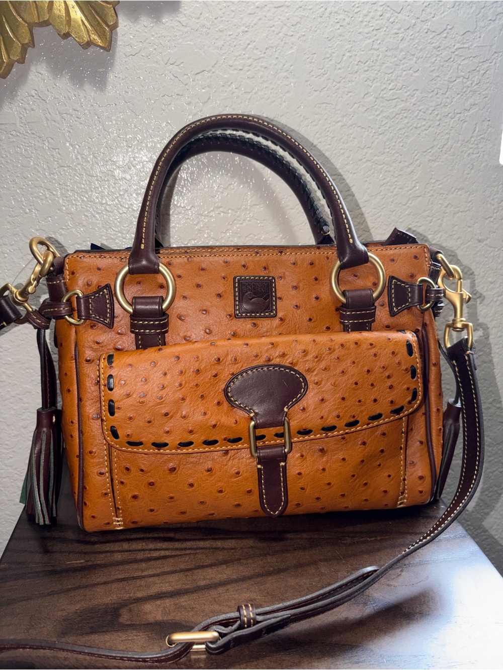 Dooney & Bourke Tan Ostrich-Embossed Satchel with Dark Brown Trim